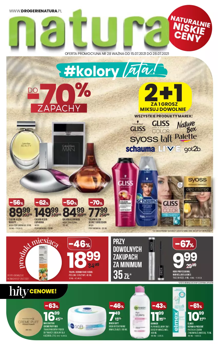 Gazetka promocyjna Drogerie Natura - Gazetka Drogerie Natura - ważna 15.07 do 28.07.2021 - strona 1 - produkty: Calvin Klein, Elmex, Fa, Garnier, KOBO, Max Factor, Nivea, Pasta do zębów, Peeling, Perfum, Płyn micelarny, Puder, Puder do twarzy, Puf, SESSIO, Tołpa, Tran, Tusz, Woda, Woda perfumowana, Woda toaletowa