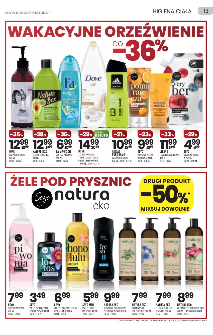 Gazetka promocyjna Drogerie Natura - Gazetka Drogerie Natura - ważna 15.07 do 28.07.2021 - strona 13 - produkty: Adidas, Cukrowy peeling, Dove, Fa, Lirene, Nature Box, Olej, Peeling, Płyn do kąpieli, Pur, Yope