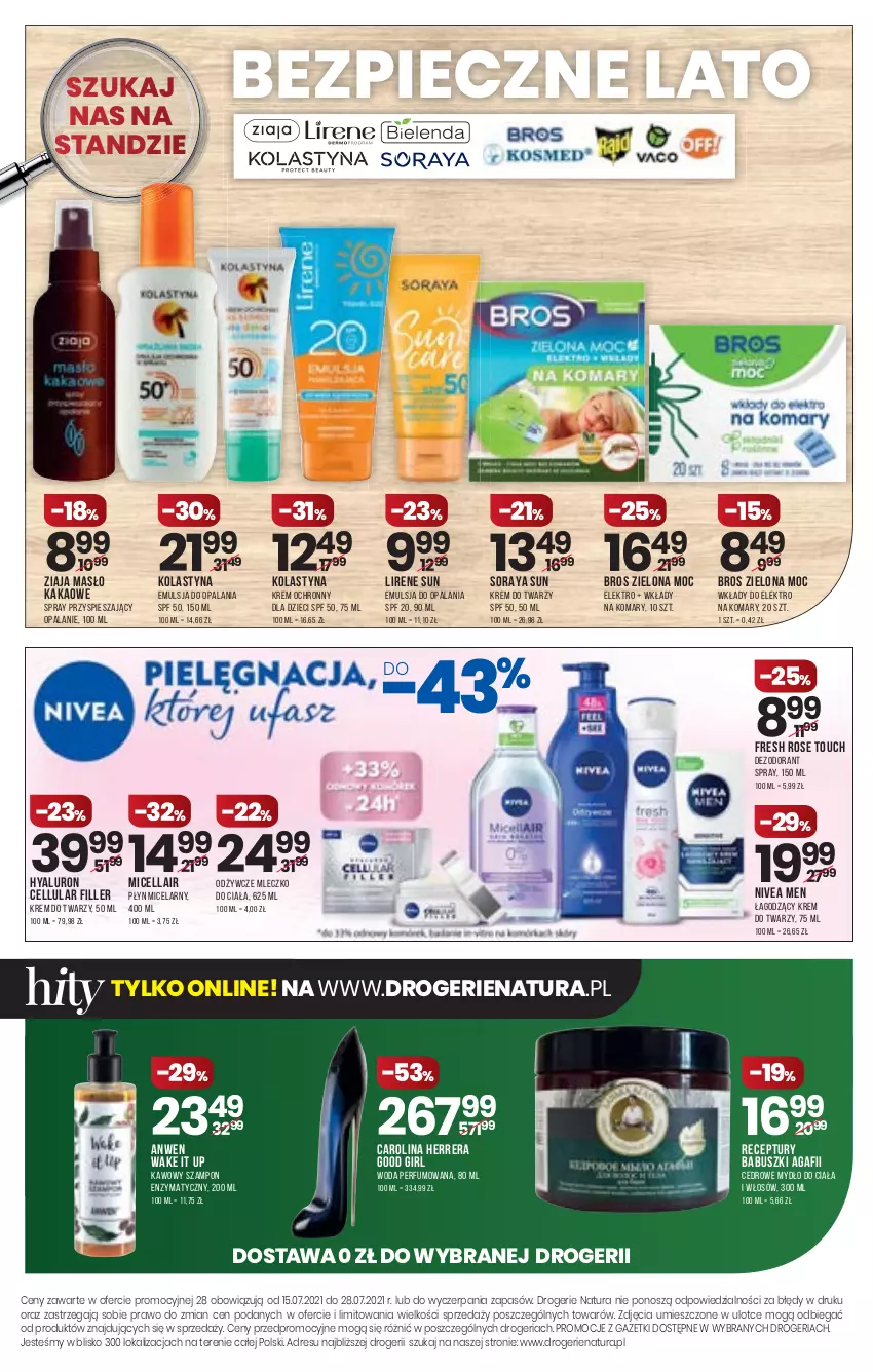 Gazetka promocyjna Drogerie Natura - Gazetka Drogerie Natura - ważna 15.07 do 28.07.2021 - strona 16 - produkty: Carolina Herrera, Dezodorant, Dzieci, Emulsja, Kakao, Krem do twarzy, Lirene, Masło, Mleczko, Mleczko do ciała, Mydło, Nivea, Nivea Men, Perfum, Płyn micelarny, Szampon, Woda, Woda perfumowana, Ziaja