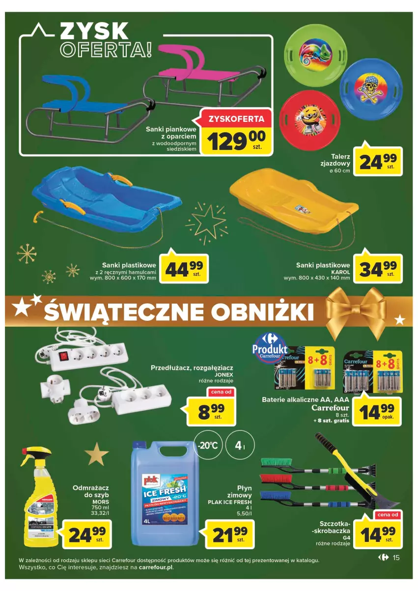 Gazetka promocyjna Carrefour - Gazetka Market - ważna 12.12 do 18.12.2022 - strona 15 - produkty: Baterie alkaliczne, Gra, Odmrażacz do szyb, Por, Sanki, Sanki plastikowe, Skrobaczka, Szczotka, Talerz