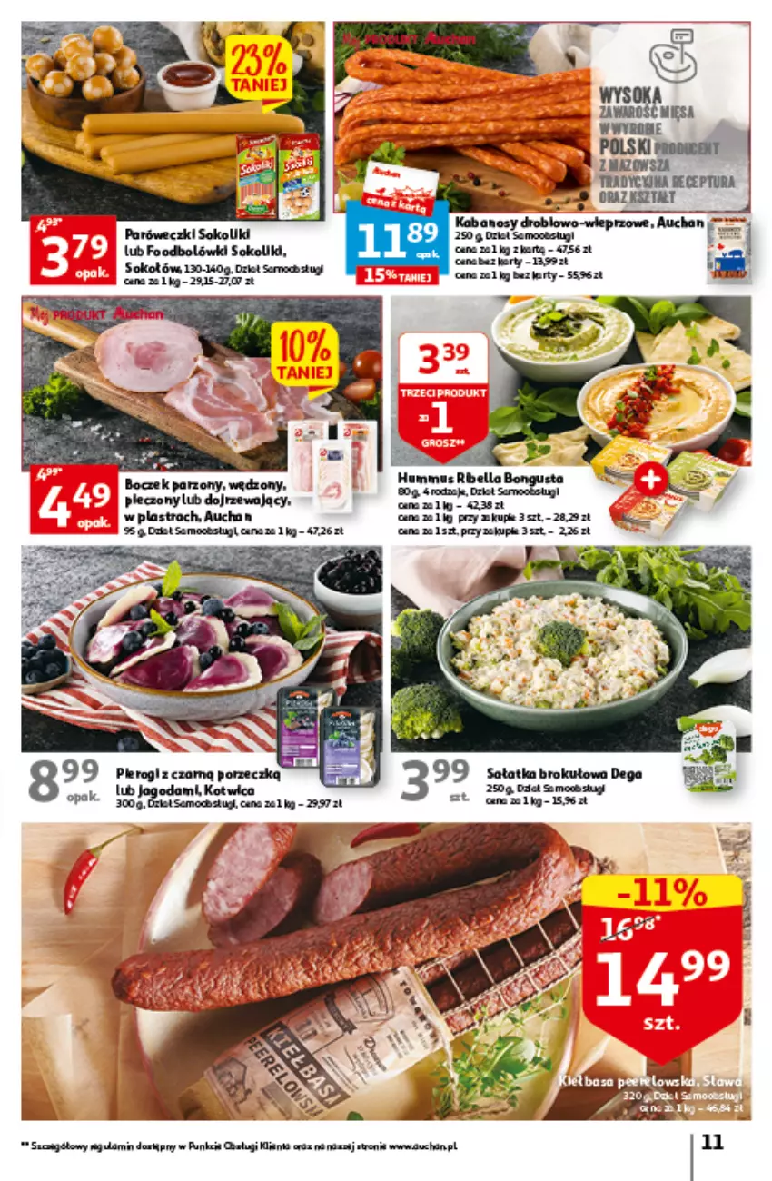 Gazetka promocyjna Auchan - Gazetka Czas na wypoczynek Hipermarket Auchan - ważna 09.06 do 14.06.2023 - strona 11 - produkty: Boczek, Dega, Hummus, Mus, Piec, Pierogi, Por, Sałat, Sałatka, Sok, Sokołów