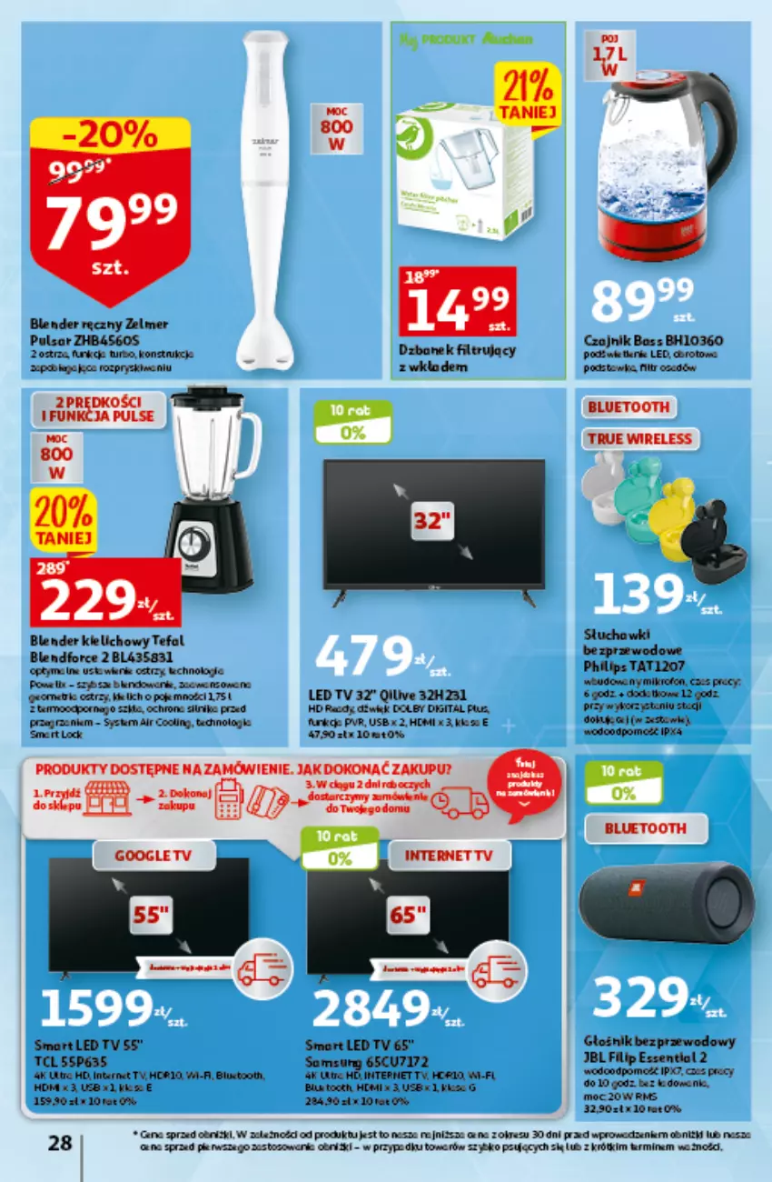 Gazetka promocyjna Auchan - Gazetka Czas na wypoczynek Hipermarket Auchan - ważna 09.06 do 14.06.2023 - strona 28 - produkty: Blender, Blender ręczny, Czajnik, Dzbanek, Dzbanek filtrujący, Fa, JBL, LED TV, Mikrofon, Nike, Noż, Philips, Por, Słuchawki, Słuchawki bezprzewodowe, Tefal, Zelmer