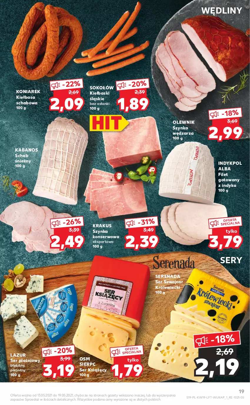 Gazetka promocyjna Kaufland - OFERTA TYGODNIA - ważna 13.05 do 19.05.2021 - strona 19 - produkty: Kabanos, Kiełbasa, Kiełbasa schabowa, Kiełbaski śląskie, Krakus, Lazur, Olewnik, Por, Ser, Ser pleśniowy, Sok, Sokołów, Sport, Szynka, Szynka konserwowa