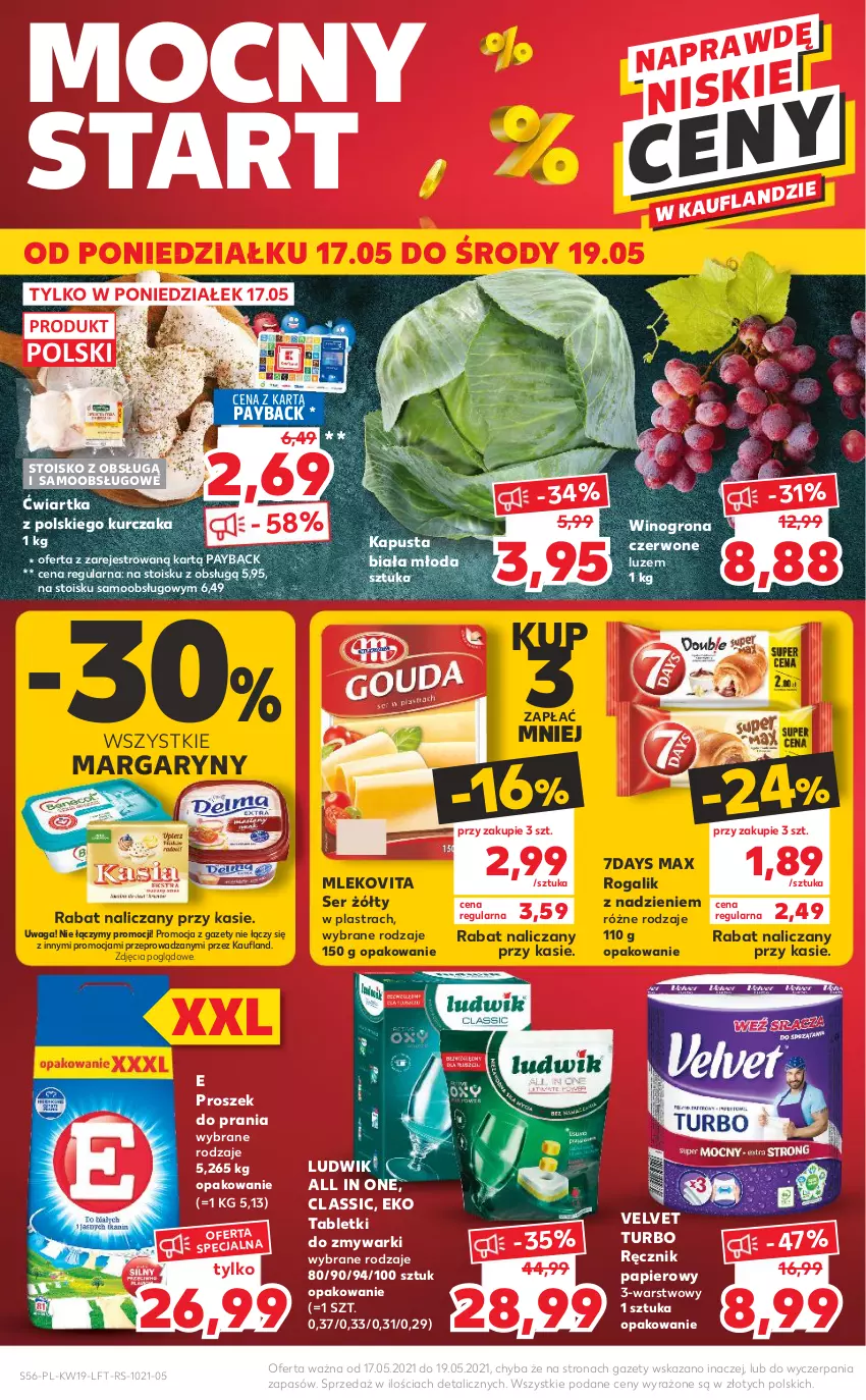 Gazetka promocyjna Kaufland - OFERTA TYGODNIA - ważna 13.05 do 19.05.2021 - strona 56 - produkty: Kurczak, Ludwik, Mleko, Mlekovita, Papier, Proszek do prania, Ręcznik, Rogal, Ser, Tablet, Tabletki do zmywarki, Velvet, Waga, Wino, Winogrona, Zmywarki