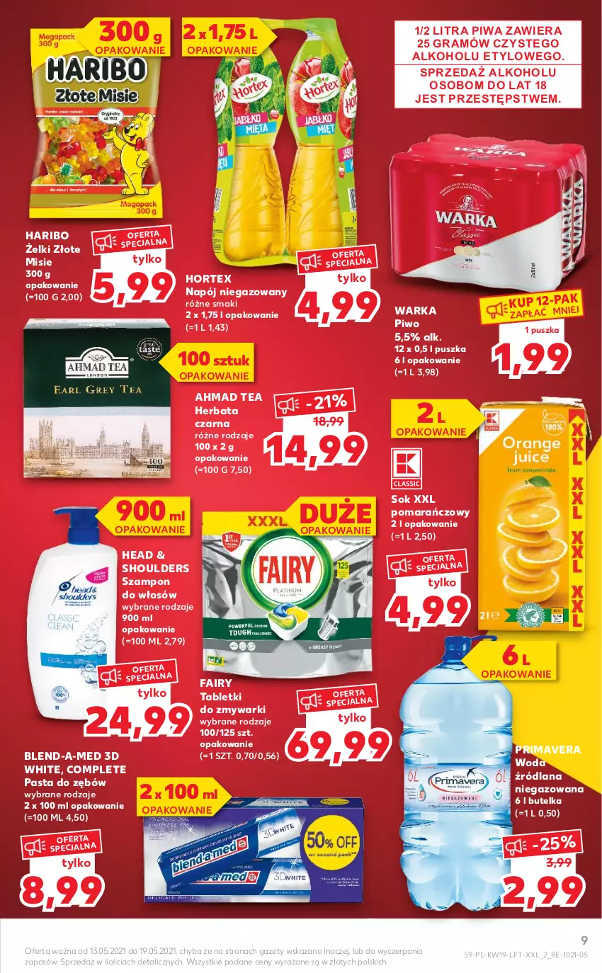 Gazetka promocyjna Kaufland - OFERTA TYGODNIA - ważna 13.05 do 19.05.2021 - strona 9 - produkty: Blend-a-Med, Fa, Fairy, Gra, Haribo, Herbata, Herbata czarna, Hortex, LANA, Napój, Napój niegazowany, Pasta do zębów, Piwa, Piwo, Prima, Primavera, Sok, Szampon, Tablet, Tabletki do zmywarki, Warka, Woda, Zmywarki