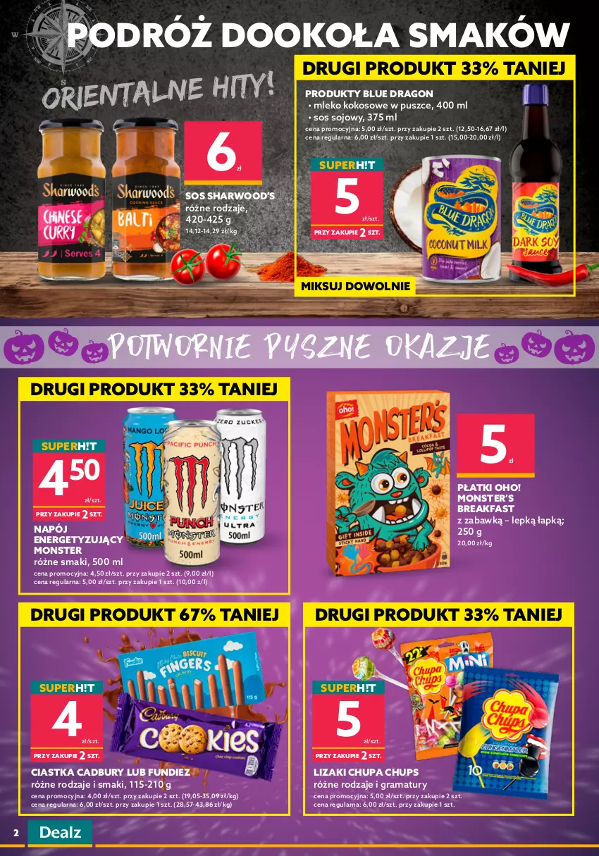 Gazetka promocyjna Dealz - Nowa gazetka Dealz - sprawdź ofertę! - ważna 20.10 do 02.11.2021 - strona 2 - produkty: Chupa Chups, Ciastka, Cukier, Cukierki, Fa, Gra, Kokos, Lizaki, Makijaż, Mleko, Mleko kokosowe, Napój, Opaska, Rama, Sos, Sos sojowy, Syrop