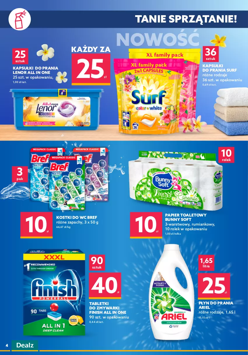 Gazetka promocyjna Dealz - Nowa gazetka Dealz - sprawdź ofertę! - ważna 20.10 do 02.11.2021 - strona 4 - produkty: Always, Ariel, Bref, Dove, Fa, Finish, Kapsułki do prania, Lenor, Mydło, Mydło w płynie, Odżywka, Papier, Papier toaletowy, Płyn do prania, Podpaski, Rum, Sól, Sól do kąpieli, Sprzątanie, Surf, Syoss, Szampon, Tablet, Tabletki do zmywarki, Zmywarki