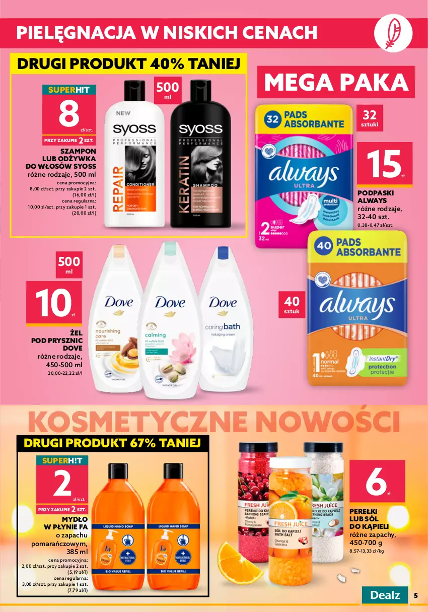 Gazetka promocyjna Dealz - Nowa gazetka Dealz - sprawdź ofertę! - ważna 20.10 do 02.11.2021 - strona 5 - produkty: Always, Ariel, Bref, Dove, Fa, Finish, Kapsułki do prania, Lenor, Mydło, Mydło w płynie, Odżywka, Papier, Papier toaletowy, Płyn do prania, Podpaski, Rum, Sól, Sól do kąpieli, Sprzątanie, Surf, Syoss, Szampon, Tablet, Tabletki do zmywarki, Zmywarki