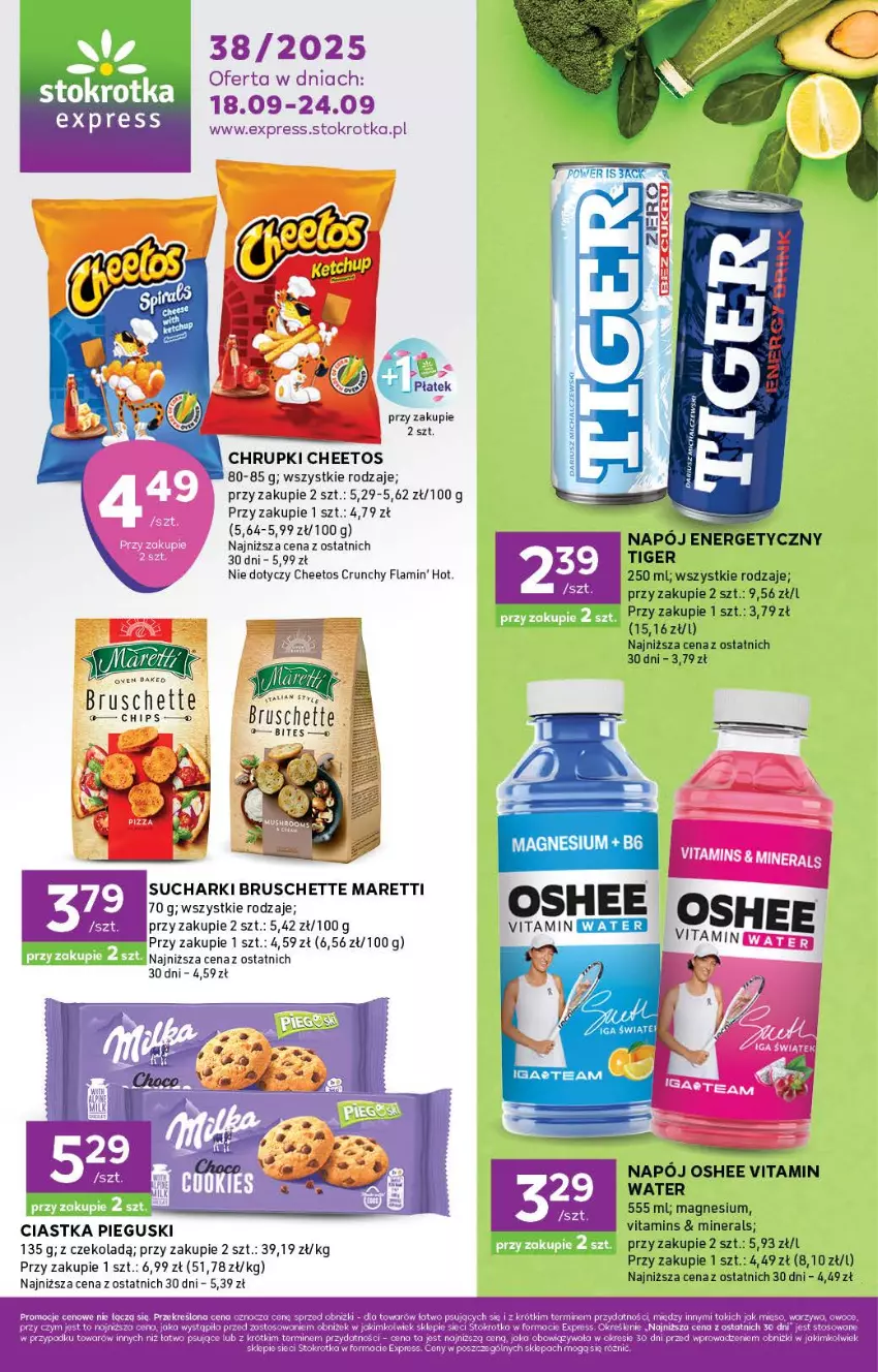Gazetka promocyjna Stokrotka - Stokrotka Express - ważna 18.09 do 24.09.2025 - strona 1 - produkty: Bruschette, Cheetos, Chrupki, Ciastka, Napój, Napój energetyczny, Oshee, Owoce, Tiger
