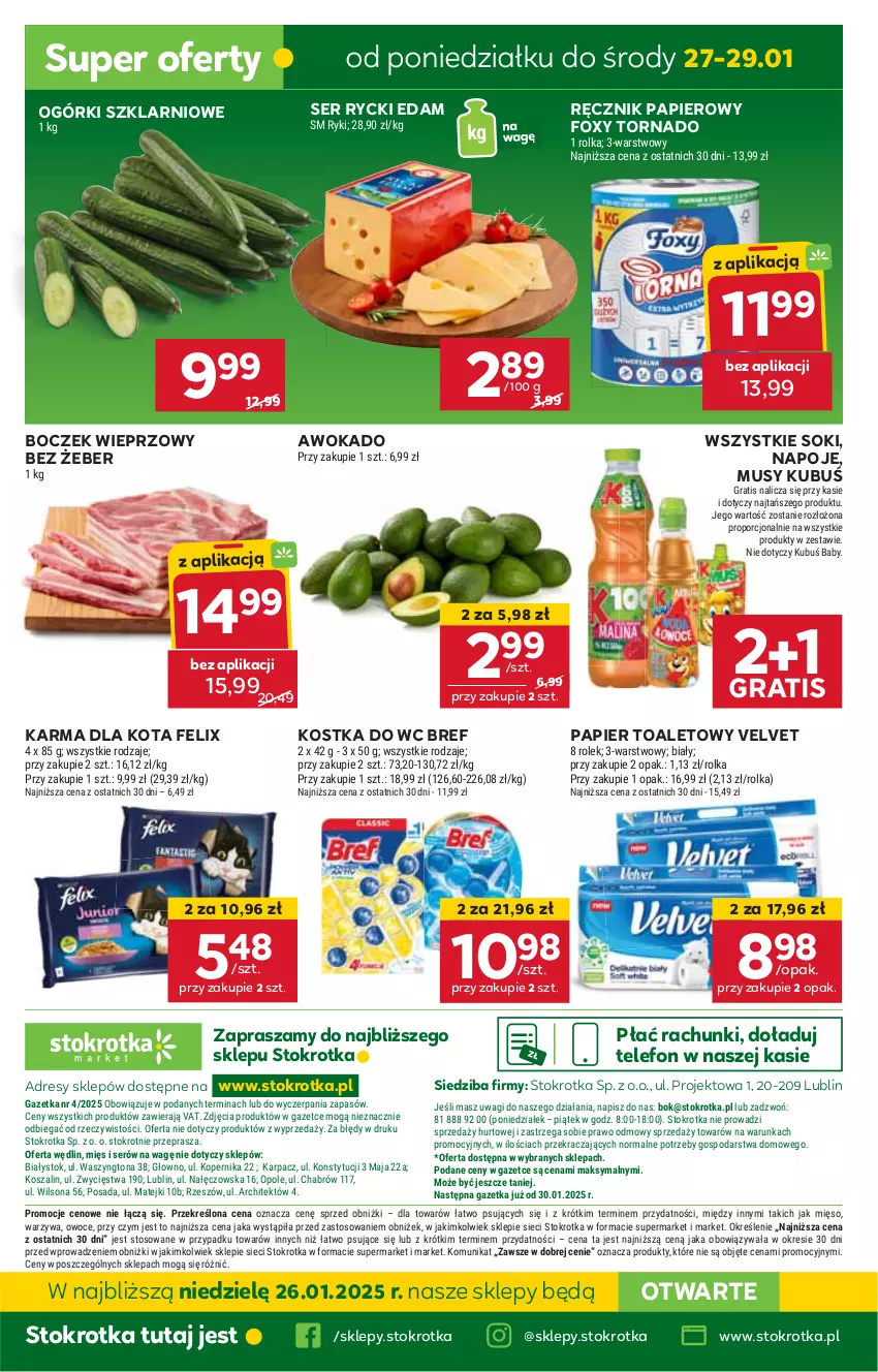 Gazetka promocyjna Stokrotka - Market Opole/Radom - ważna 23.01 do 29.01.2025 - strona 18 - produkty: Boczek, Boczek wieprzowy, Bref, Dres, Edam, Felix, Foxy, Gra, HP, JBL, Kostka do wc, Kubuś, Mus, Napoje, Papier, Papier toaletowy, Ręcznik, Rycki Edam, Ser, Sok, Telefon, Velvet