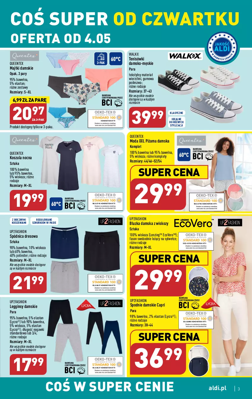 Gazetka promocyjna Aldi - COŚ na przyszły tydzień - ważna 04.05 do 06.05.2023 - strona 3 - produkty: Dres, Fa, Gin, Kosz, Koszula, Koszula nocna, Legginsy, Majtki, Moda, Piżama, Queentex, Spódnica, Spodnie, Tenisówki, Wełna