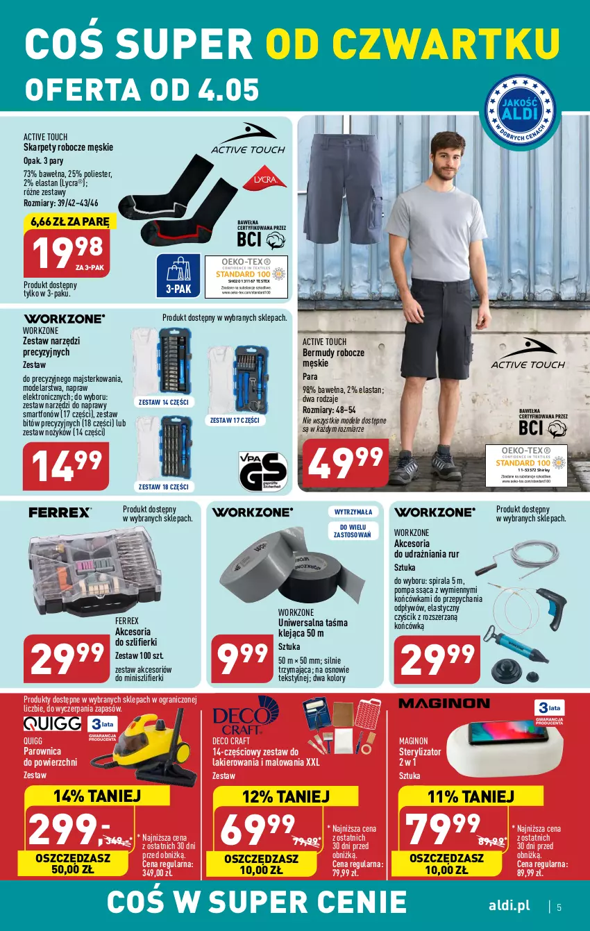 Gazetka promocyjna Aldi - COŚ na przyszły tydzień - ważna 04.05 do 06.05.2023 - strona 5 - produkty: Bermudy, Gin, Gra, Karp, Klej, Lakier, Noż, Parownica, Smartfon, Sterylizator, Wełna, Zestaw narzędzi