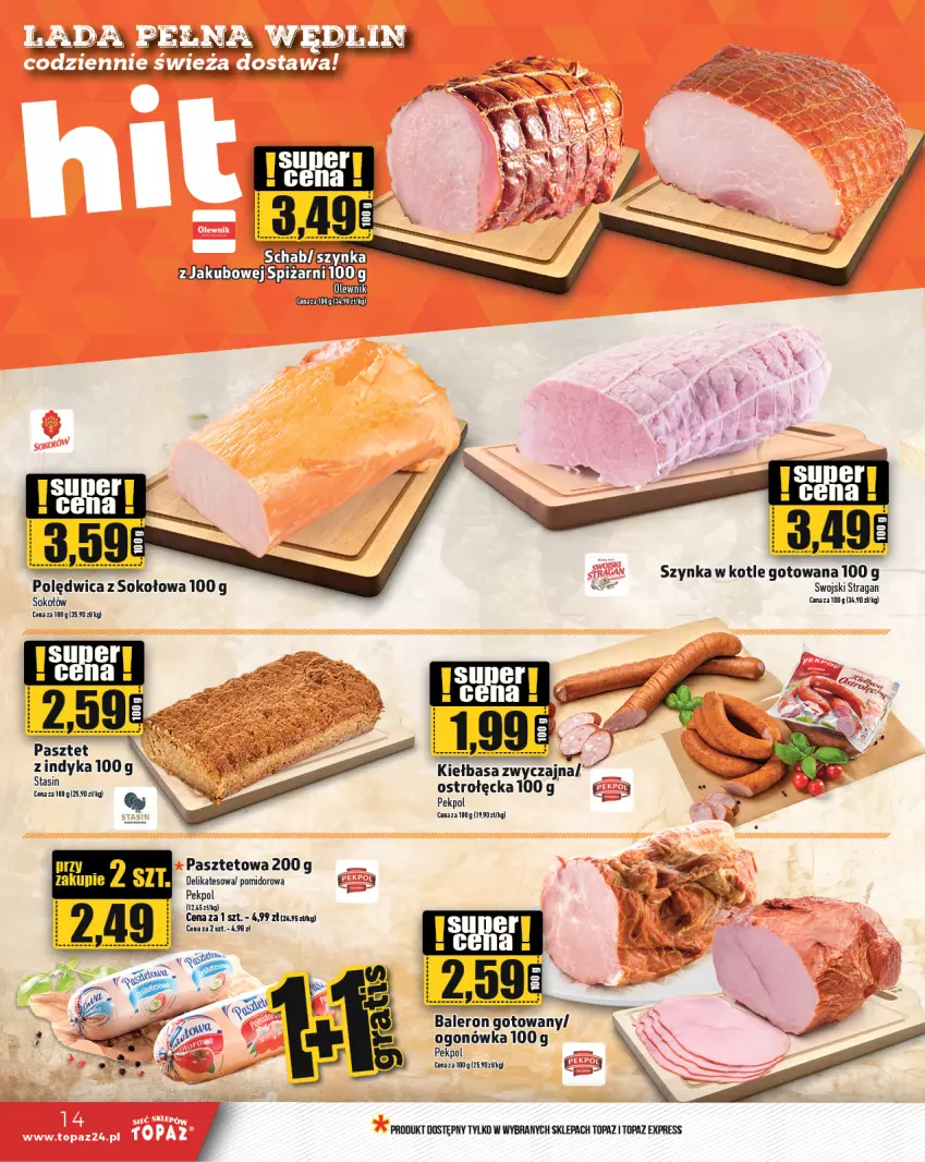 Gazetka promocyjna Topaz - Gazetka - ważna 07.11 do 13.11.2024 - strona 14 - produkty: Kiełbasa, Ogonówka, Pasztet, Pekpol, Polędwica, Sok, Sokołów, Szynka, Top