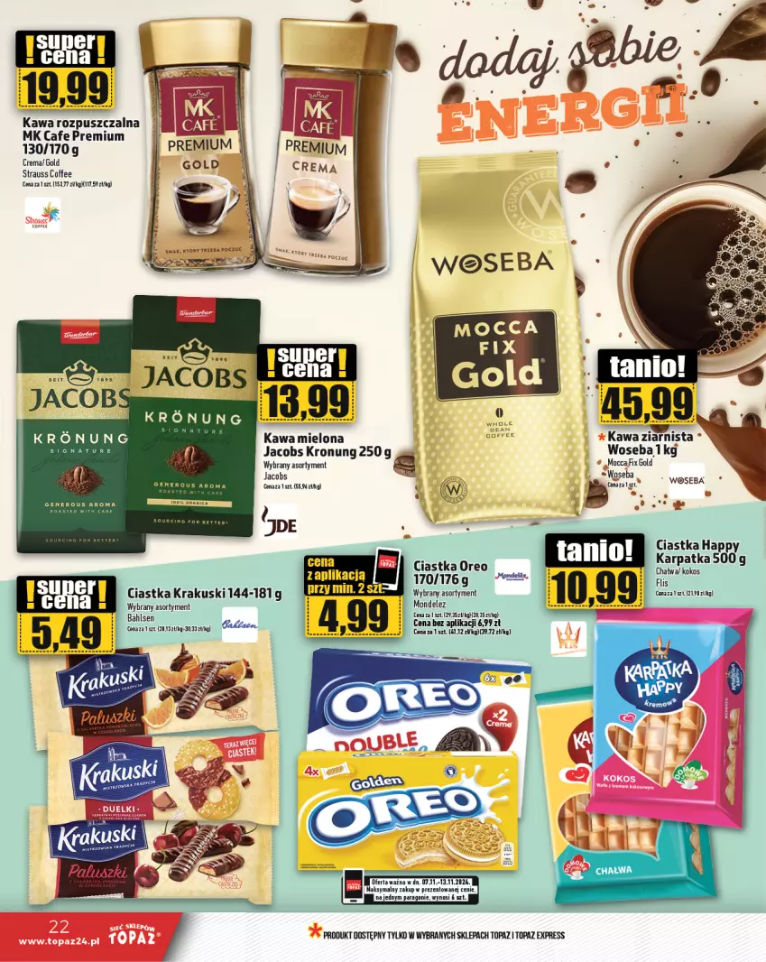 Gazetka promocyjna Topaz - Gazetka - ważna 07.11 do 13.11.2024 - strona 22 - produkty: Ciastka, Jacobs, Kawa, Kawa mielona, Krakus, Krakuski, Oreo, Top, Woseba