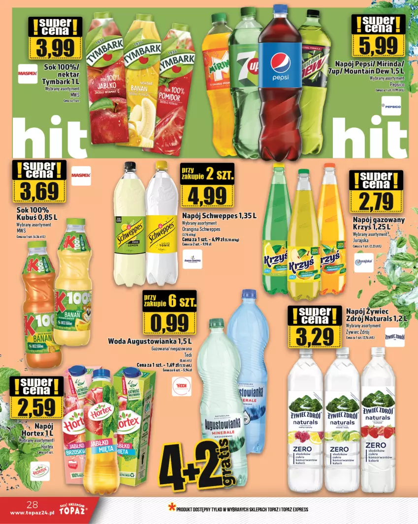 Gazetka promocyjna Topaz - Gazetka - ważna 07.11 do 13.11.2024 - strona 28 - produkty: Gin, Hortex, Kubuś, Mirinda, Napój, Napój gazowany, Nektar, Pepsi, Schweppes, Ser, Sok, Top, Tymbark, Woda