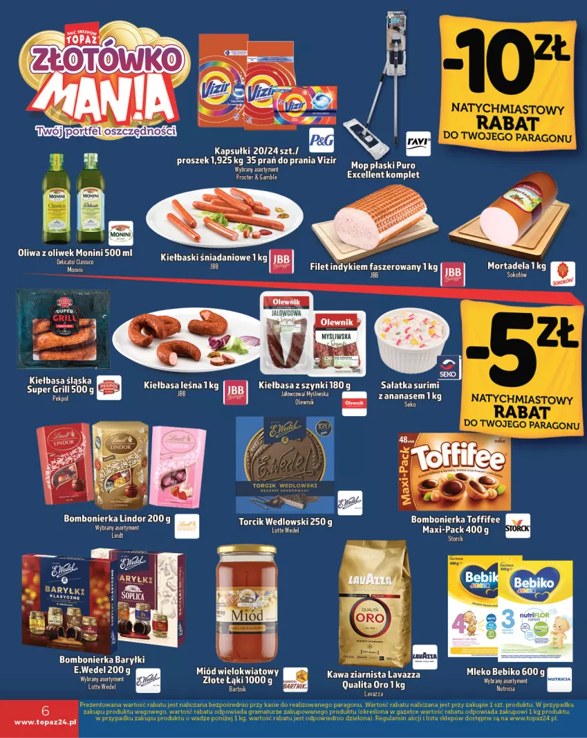 Gazetka promocyjna Topaz - Gazetka - ważna 07.11 do 13.11.2024 - strona 6 - produkty: Baryłki, Bebiko, Danio, Fa, Kiełbasa, Kiełbasa śląska, Lavazza, Lindor, Miód, Mleko, Mop, Olewnik, Pur, Sałat, Sałatka, Surimi, Toffifee, Top, Vizir