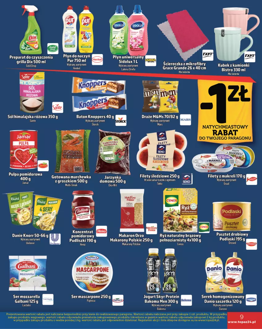 Gazetka promocyjna Topaz - Gazetka - ważna 07.11 do 13.11.2024 - strona 9 - produkty: Bakoma, Baton, Danio, Galbani, Gra, Grill, Jogurt, Knoppers, Knorr, Kubek, Makaron, Marchewka, Mars, Mascarpone, Mięta, Piątnica, Podlaski, Por, Preparat do czyszczenia, Pudliszki, Ryż, Ryż naturalny, Salsa, Sante, Ser, Serek, Sól, Sól himalajska, Sos, Top