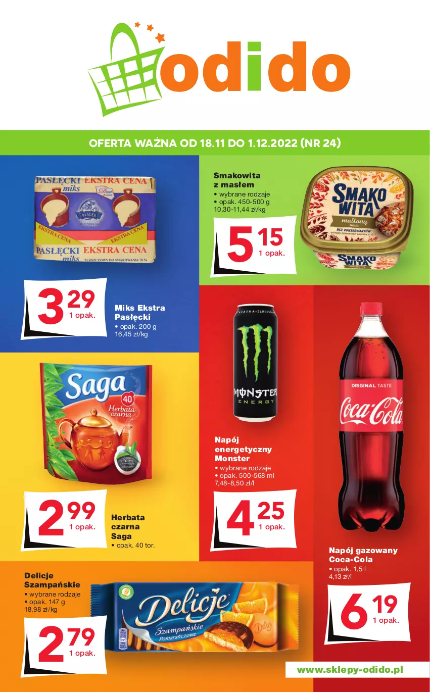 Gazetka promocyjna Odido - Gazetka - ważna 18.11 do 01.12.2022 - strona 1 - produkty: Coca-Cola, Delicje, Herbata, Herbata czarna, Napój, Napój energetyczny, Napój gazowany, Saga, Smakowita