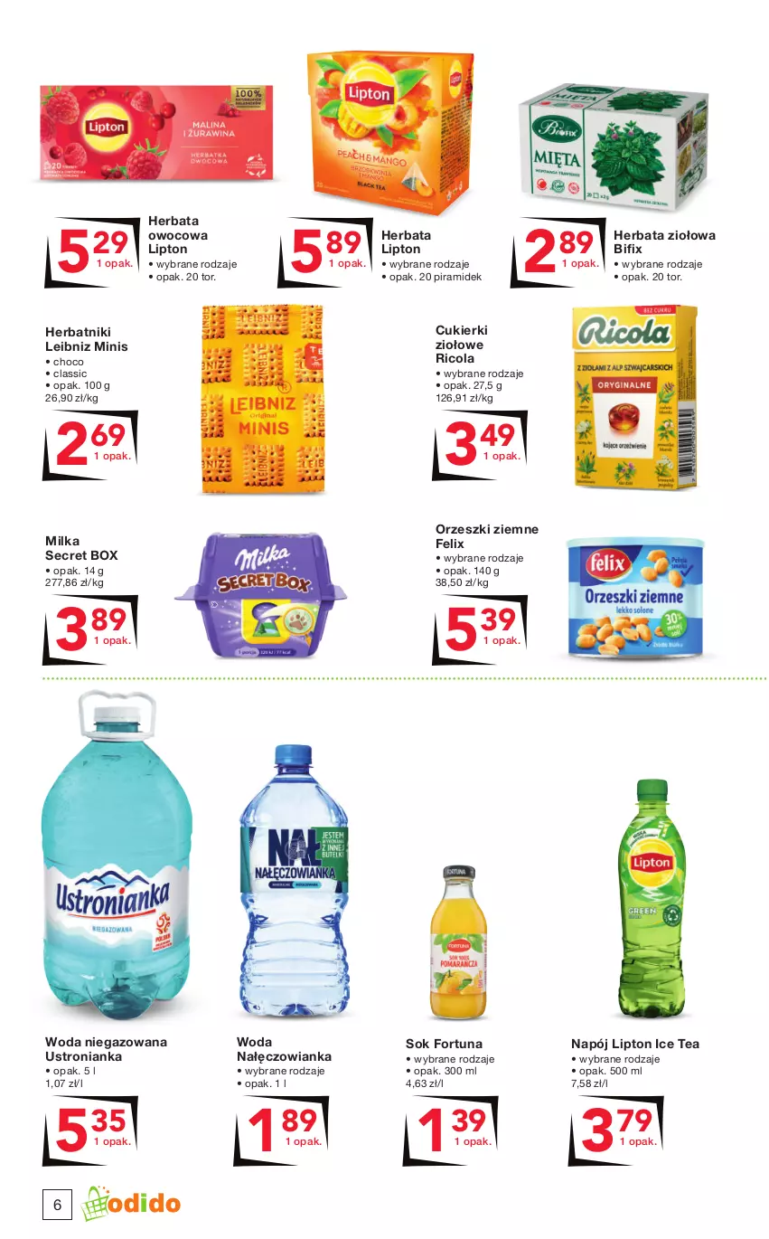 Gazetka promocyjna Odido - Gazetka - ważna 18.11 do 01.12.2022 - strona 6 - produkty: Cukier, Cukierki, Felix, Fortuna, Herbata, Herbata owocowa, Herbatniki, Ice tea, Lipton, Milka, Nałęczowianka, Napój, Orzeszki, Orzeszki ziemne, Sok, Woda, Woda niegazowana