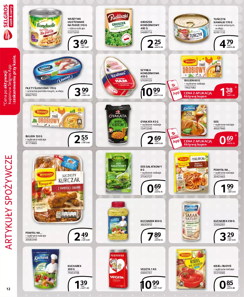 Gazetka promocyjna Selgros - Extra Oferta - ważna 01.05 do 31.05.2021 - strona 12 - produkty: Artykuły spożywcze, Budyń, Bulion, Groszek, Kawa, Kisiel, Kucharek, LG, Lion, Olej, Sałat, Ser, Sos, Szynka, Szynka konserwowa, Tuńczyk, Vegeta, Warzywa