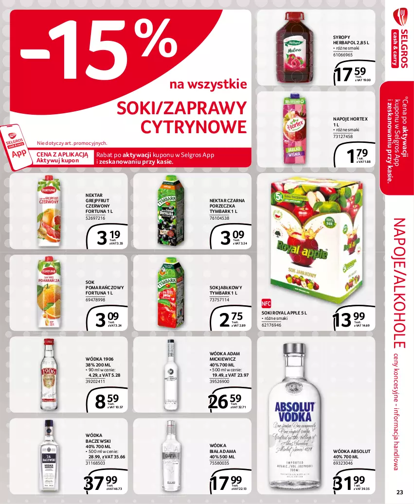 Gazetka promocyjna Selgros - Extra Oferta - ważna 01.05 do 31.05.2021 - strona 23 - produkty: Absolut, Alkohole, Fortuna, Grejpfrut, Herbapol, Hortex, LG, Napoje, Nektar, Por, Sok, Sok jabłkowy, Sok pomarańczowy, Syrop, Syropy, Tymbark, Wódka