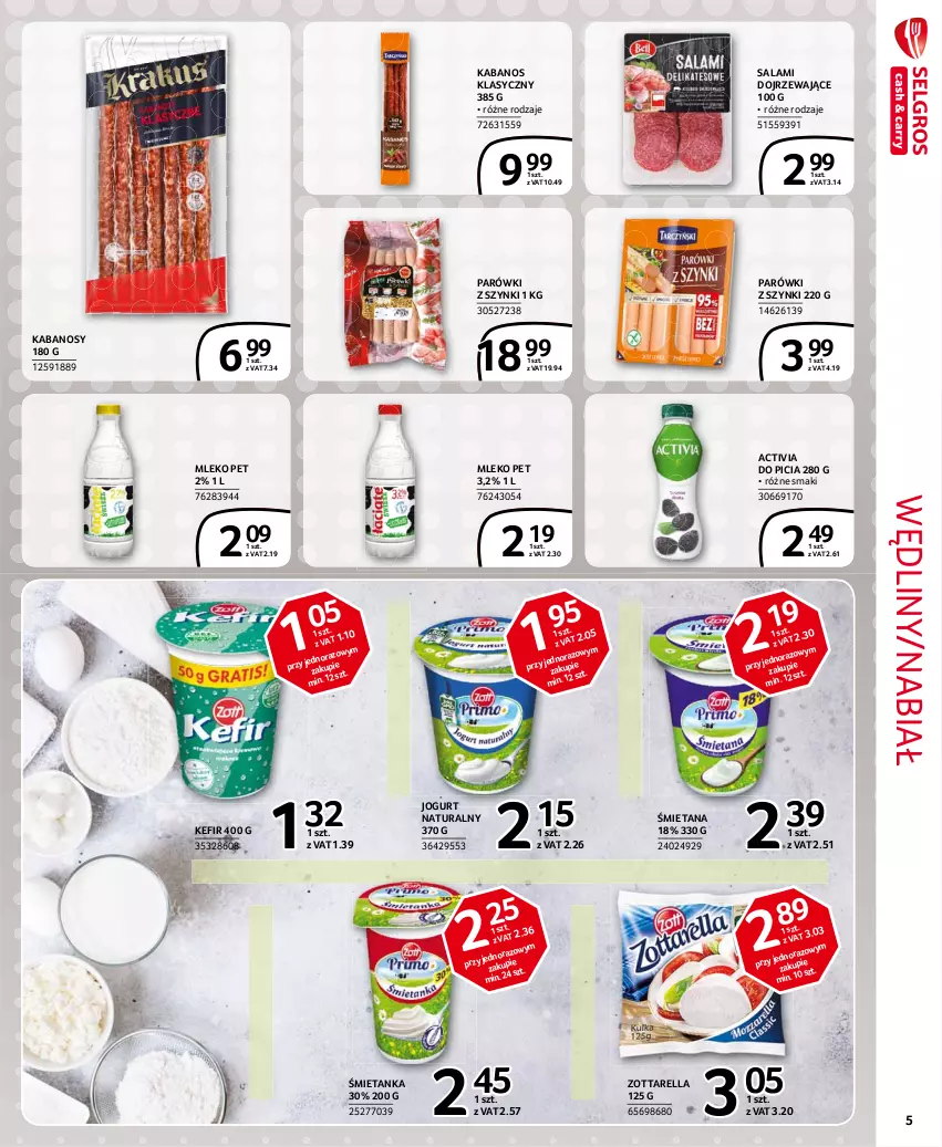 Gazetka promocyjna Selgros - Extra Oferta - ważna 01.05 do 31.05.2021 - strona 5 - produkty: Activia, Jogurt, Jogurt naturalny, Kabanos, Kefir, Mleko, Parówki, Parówki z szynki, Salami, Zott, Zottarella