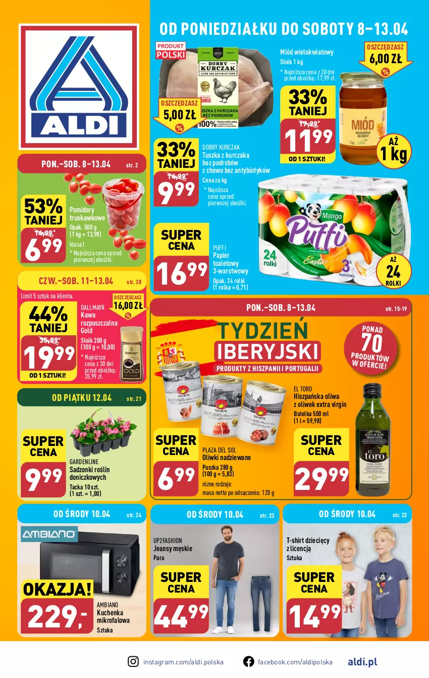 Gazetka promocyjna Aldi - Pełna oferta - ważna 08.04 do 13.04.2024 - strona 1 - produkty: Dallmayr, Dzieci, Fa, Gin, Gra, Kawa, Kawa rozpuszczalna, Kuchenka mikrofalowa, Kurczak, Miód, Oliwa z oliwek, Oliwki, Papier, Papier toaletowy, Pomidory, Por, Puf, Rolki, T-shirt, Tusz