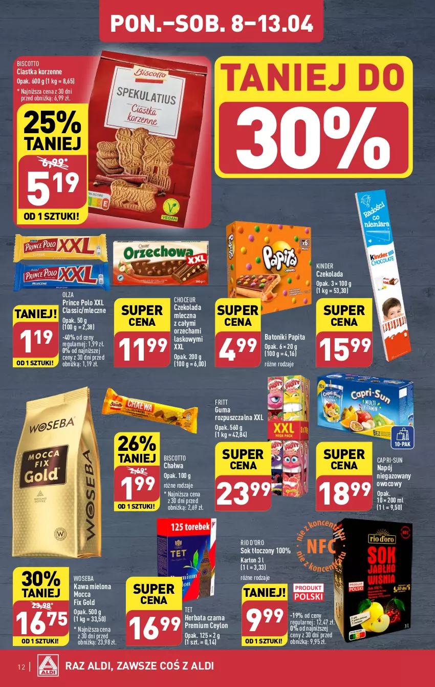 Gazetka promocyjna Aldi - Pełna oferta - ważna 08.04 do 13.04.2024 - strona 12 - produkty: Baton, Chałwa, Ciastka, Czekolada, Czekolada mleczna, Guma rozpuszczalna, Herbata, Herbata czarna, Kawa, Kawa mielona, Kinder, Mocca Fix Gold, Napój, Napój niegazowany, Prince Polo, Sok, Tonik, Woseba