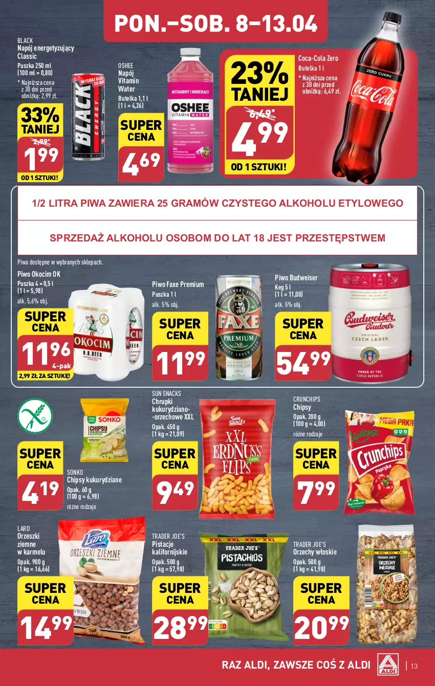 Gazetka promocyjna Aldi - Pełna oferta - ważna 08.04 do 13.04.2024 - strona 13 - produkty: Chipsy, Chrupki, Coca-Cola, Crunchips, Fa, Gra, Koc, Lack, Napój, Okocim, Orzechy włoskie, Orzeszki, Orzeszki ziemne, Oshee, Pistacje, Piwa, Piwo, Ser, Sonko