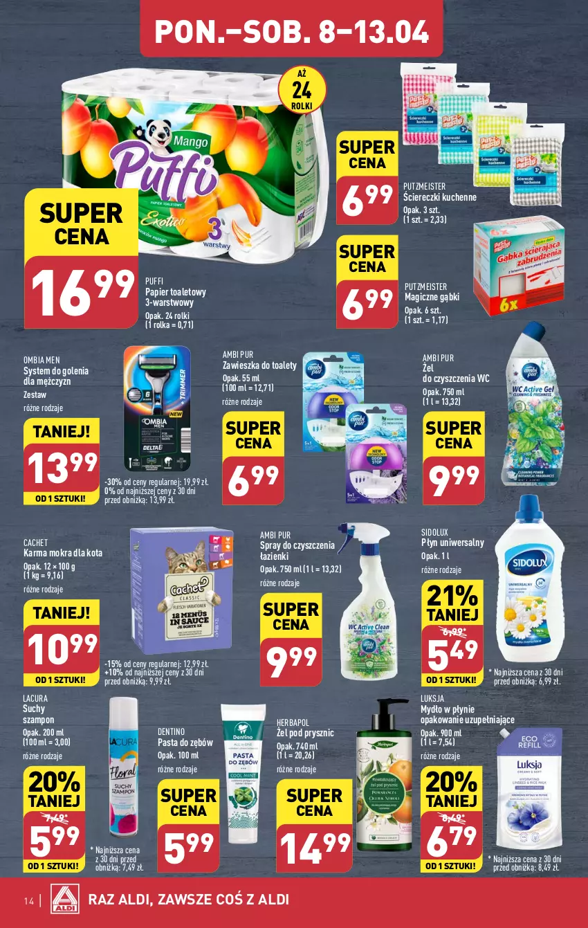 Gazetka promocyjna Aldi - Pełna oferta - ważna 08.04 do 13.04.2024 - strona 14 - produkty: Ambi Pur, Herbapol, Luksja, Mydło, Mydło w płynie, Papier, Papier toaletowy, Pasta do zębów, Puf, Pur, Putzmeister, Rolki, Sidolux, Spray do czyszczenia, Suchy szampon, Szampon