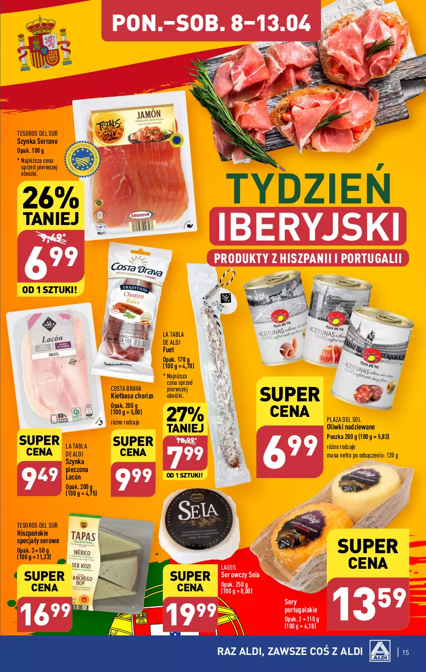 Gazetka promocyjna Aldi - Pełna oferta - ważna 08.04 do 13.04.2024 - strona 15 - produkty: Kiełbasa, Oliwki, Piec, Por, Ser, Ser owczy, Szynka