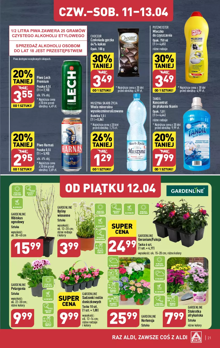 Gazetka promocyjna Aldi - Pełna oferta - ważna 08.04 do 13.04.2024 - strona 21 - produkty: Czekolada, Czekolada gorzka, Gra, Harnaś, Hibiskus, Kakao, Lech Premium, Mleczko, Mus, Piwa, Piwo, Putzmeister, Sok, Szyna, Woda, Woda mineralna