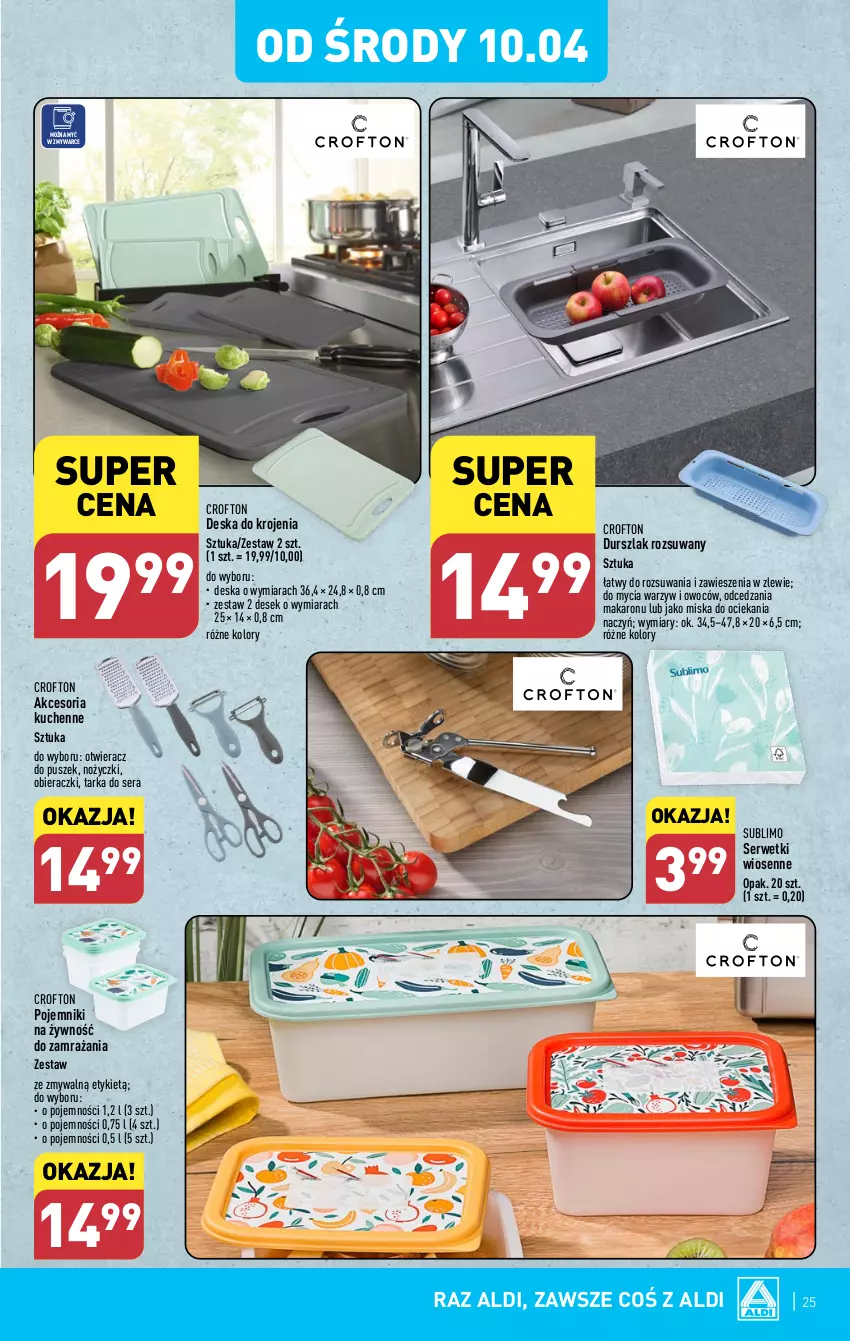 Gazetka promocyjna Aldi - Pełna oferta - ważna 08.04 do 13.04.2024 - strona 25 - produkty: Deska do krojenia, Durszlak, Makaron, Miska, Noż, Nożyczki, Otwieracz, Pojemnik, Ser, Serwetki, Tarka, Zlew