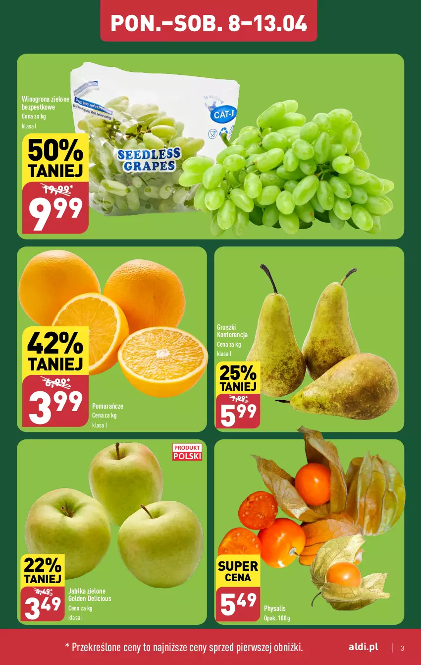 Gazetka promocyjna Aldi - Pełna oferta - ważna 08.04 do 13.04.2024 - strona 3 - produkty: Gruszki, Jabłka, Pomarańcze, Wino, Winogrona