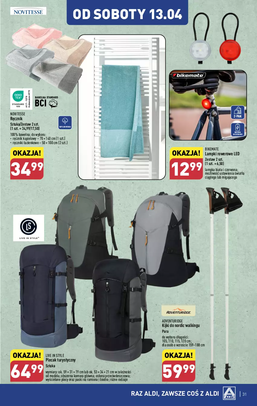 Gazetka promocyjna Aldi - Pełna oferta - ważna 08.04 do 13.04.2024 - strona 31 - produkty: Bateria, Plecak, Ręcznik, Ręcznik kąpielowy, Rower, Wełna