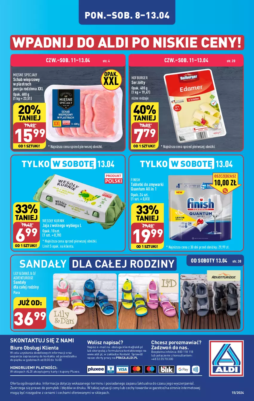 Gazetka promocyjna Aldi - Pełna oferta - ważna 08.04 do 13.04.2024 - strona 34 - produkty: Biuro, Burger, Finish, Hofburger, Jaja, Jaja z wolnego wybiegu, Mięsne specjały, O nas, Por, Sandał, Schab wieprzowy, Ser, Tablet, Tabletki do zmywarki, Zmywarki