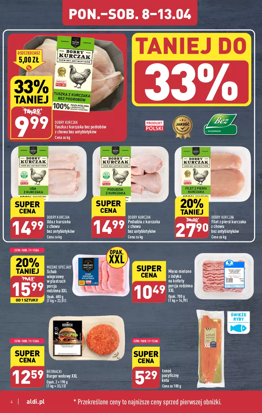 Gazetka promocyjna Aldi - Pełna oferta - ważna 08.04 do 13.04.2024 - strona 4 - produkty: Burger, Filet z piersi kurczaka, Kotlet, Kurczak, Mięsne specjały, Mięso, Mięso mielone, Por, Schab wieprzowy, Tusz