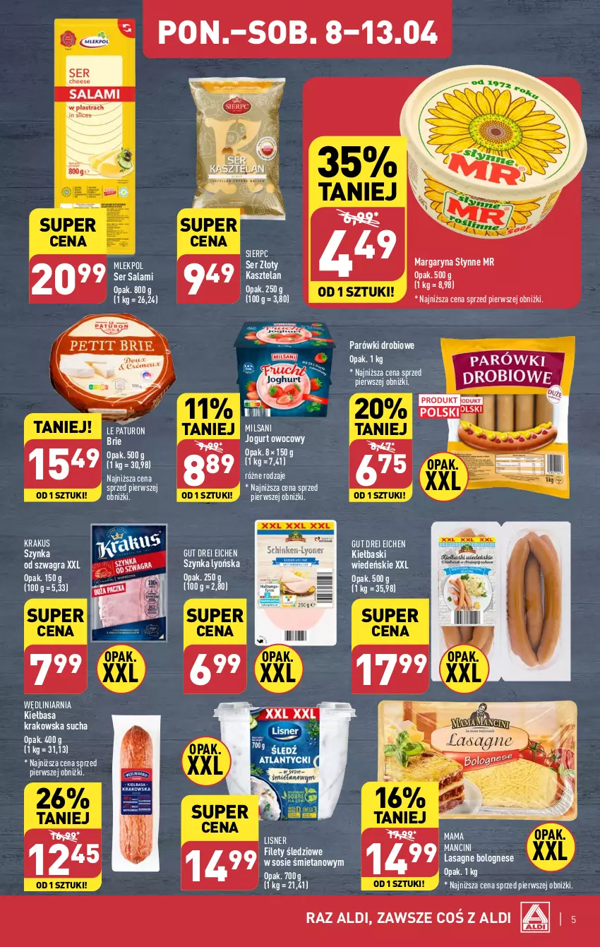 Gazetka promocyjna Aldi - Pełna oferta - ważna 08.04 do 13.04.2024 - strona 5 - produkty: Brie, Gra, Jogurt, Jogurt owocowy, Kasztelan, Kiełbasa, Kiełbasa krakowska, Krakus, Lasagne, Lasagne bolognese, Lisner, Margaryna, Parówki, Salami, Ser, Ser salami, Słynne, Sos, Szynka