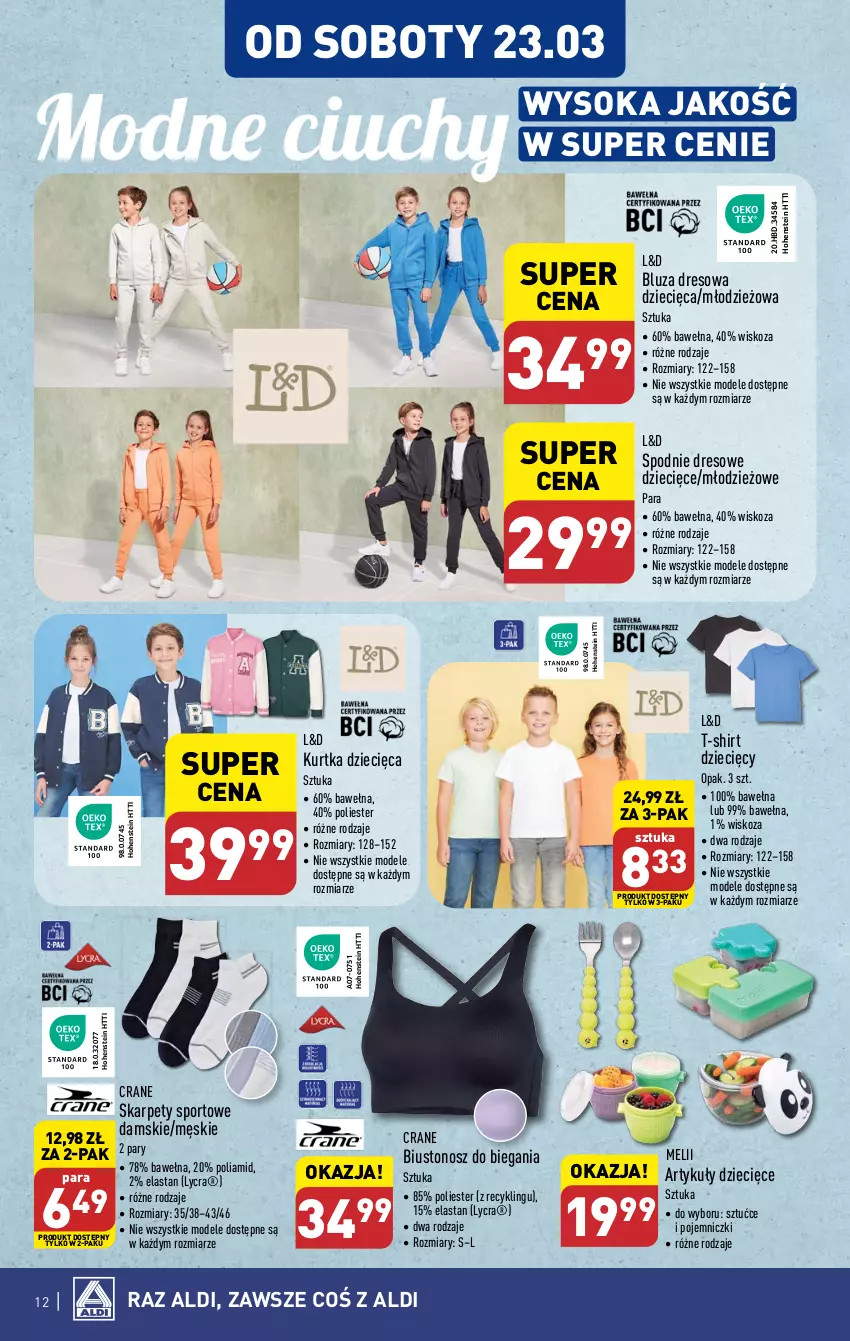 Gazetka promocyjna Aldi - Artykuły przemysłowe i tekstylia - ważna 20.03 do 23.03.2024 - strona 12 - produkty: Biustonosz, Bluza, Bluza dresowa, Dres, Dzieci, Karp, Kurtka, Kurtka dziecięca, Por, Sok, Spodnie, Spodnie dresowe, Sport, T-shirt, Wełna