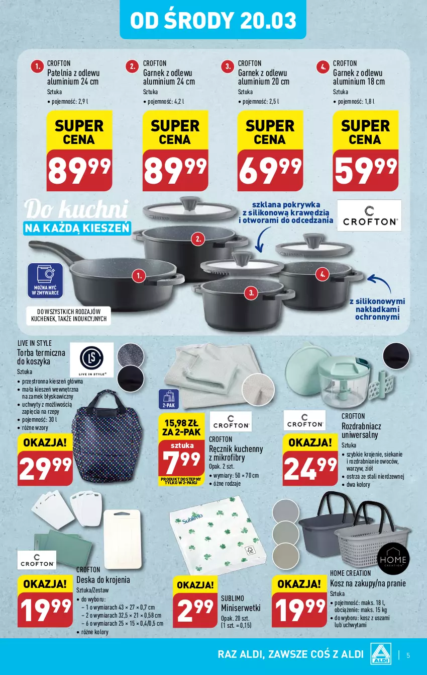 Gazetka promocyjna Aldi - Artykuły przemysłowe i tekstylia - ważna 20.03 do 23.03.2024 - strona 5 - produkty: Deska do krojenia, Garnek, Kosz, LANA, Patelnia, Ręcznik, Ręcznik kuchenny, Rozdrabniacz, Ser, Serwetki, Torba, Uchwyty