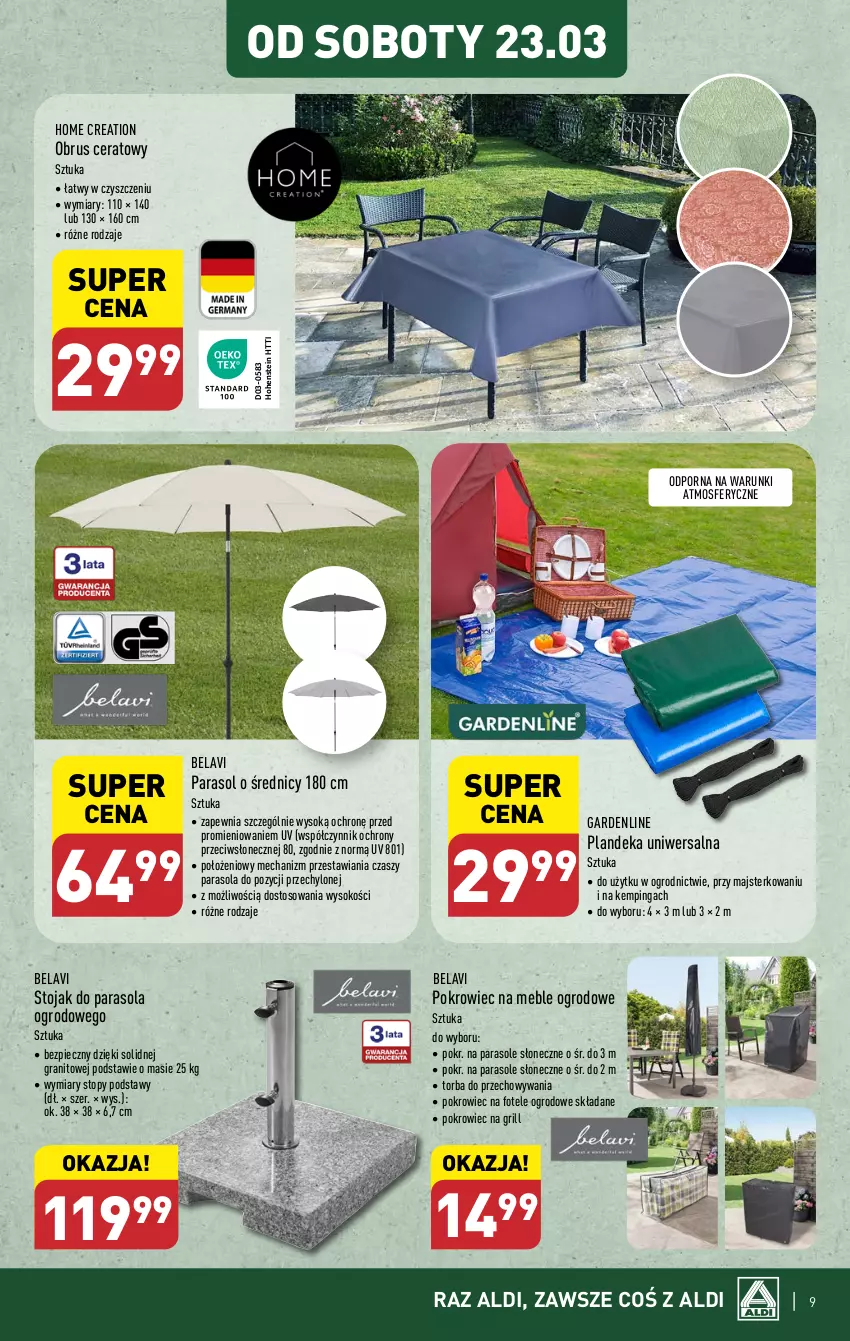 Gazetka promocyjna Aldi - Artykuły przemysłowe i tekstylia - ważna 20.03 do 23.03.2024 - strona 9 - produkty: Fotel, Gra, Grill, Meble, Obrus, Parasol, Piec, Pokrowiec, Por, Sok, Stojak, Top, Torba