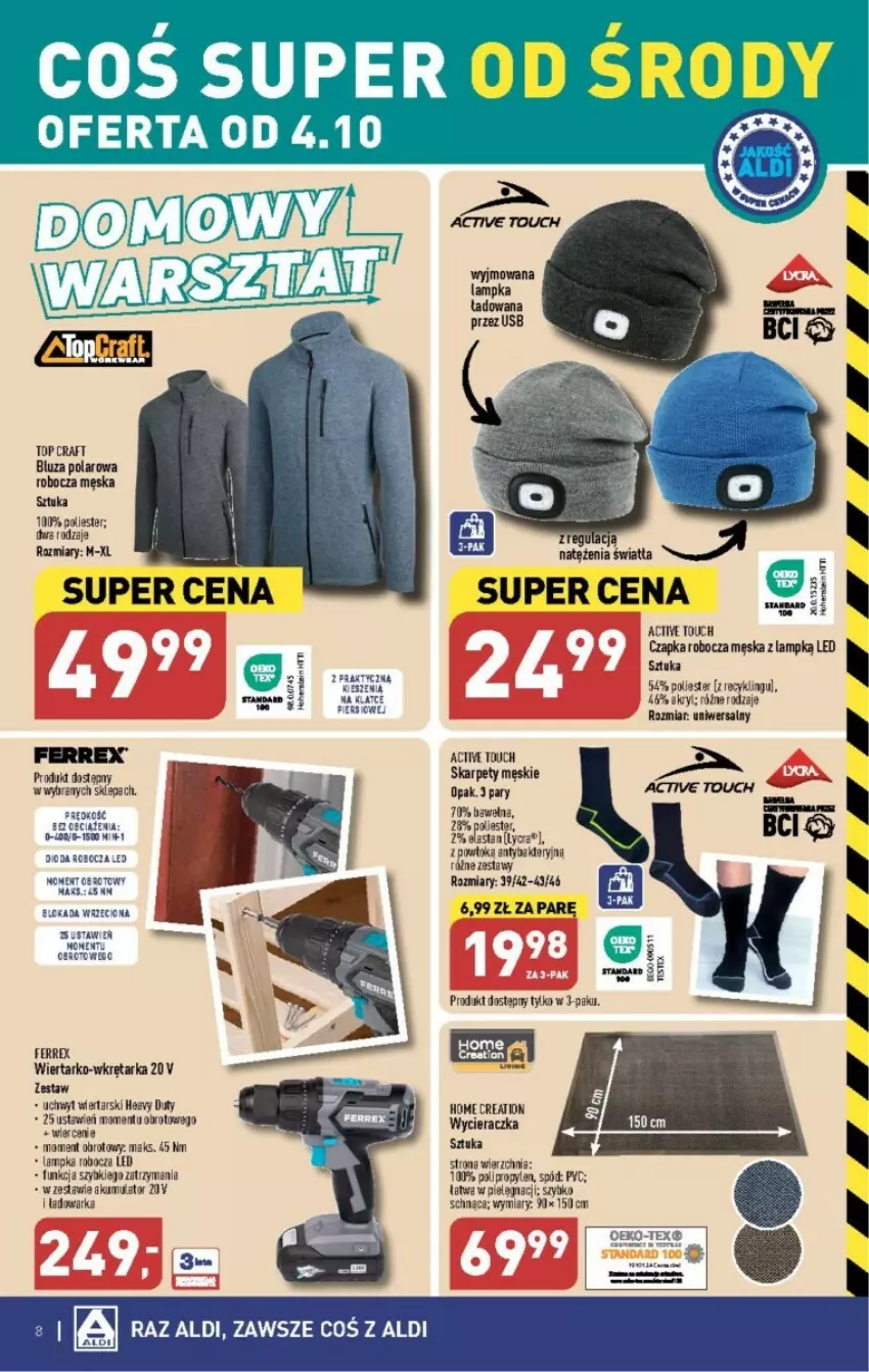 Gazetka promocyjna Aldi - ważna 04.10 do 07.10.2023 - strona 16 - produkty: Akumulator, Bluza, Bluza polarowa, Czapka, Karp, Paleta, Tarka, Top, Warka, Wełna, Wkręt, Wkrętarka