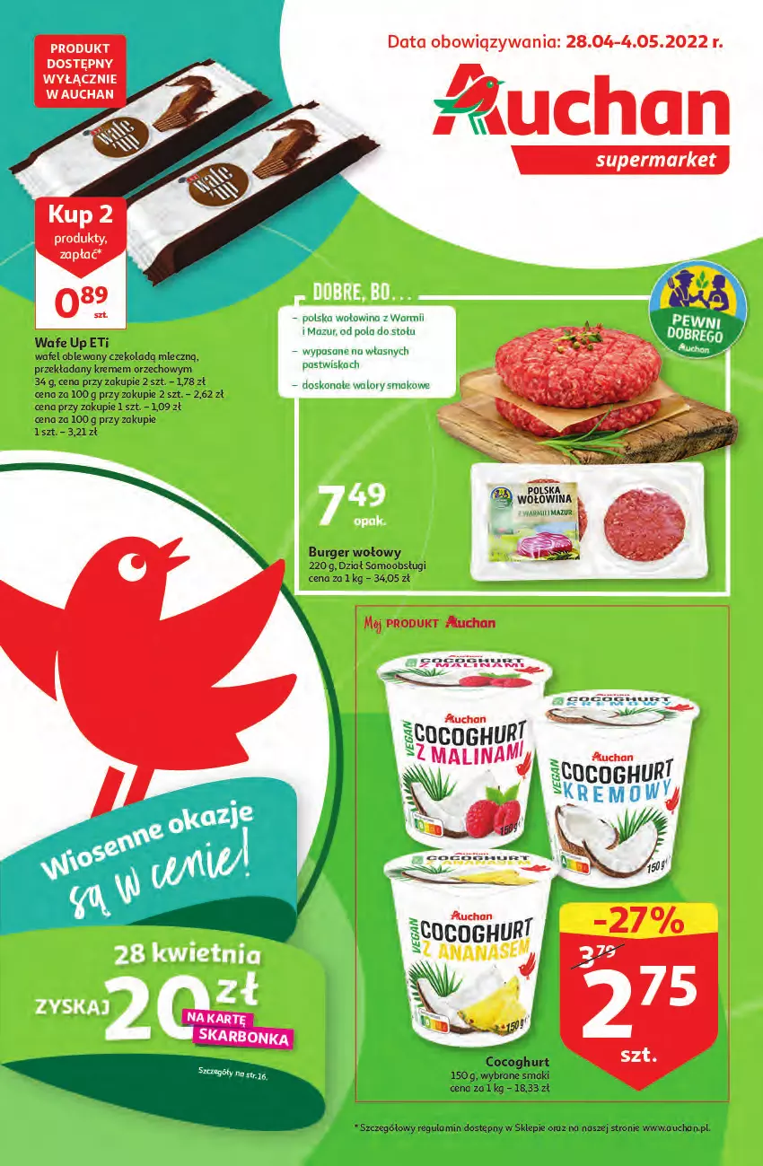 Gazetka promocyjna Auchan - Wiosenne okazje są w cenie Supermarkety - ważna 28.04 do 04.05.2022 - strona 1 - produkty: Burger, Kawa, Wołowina