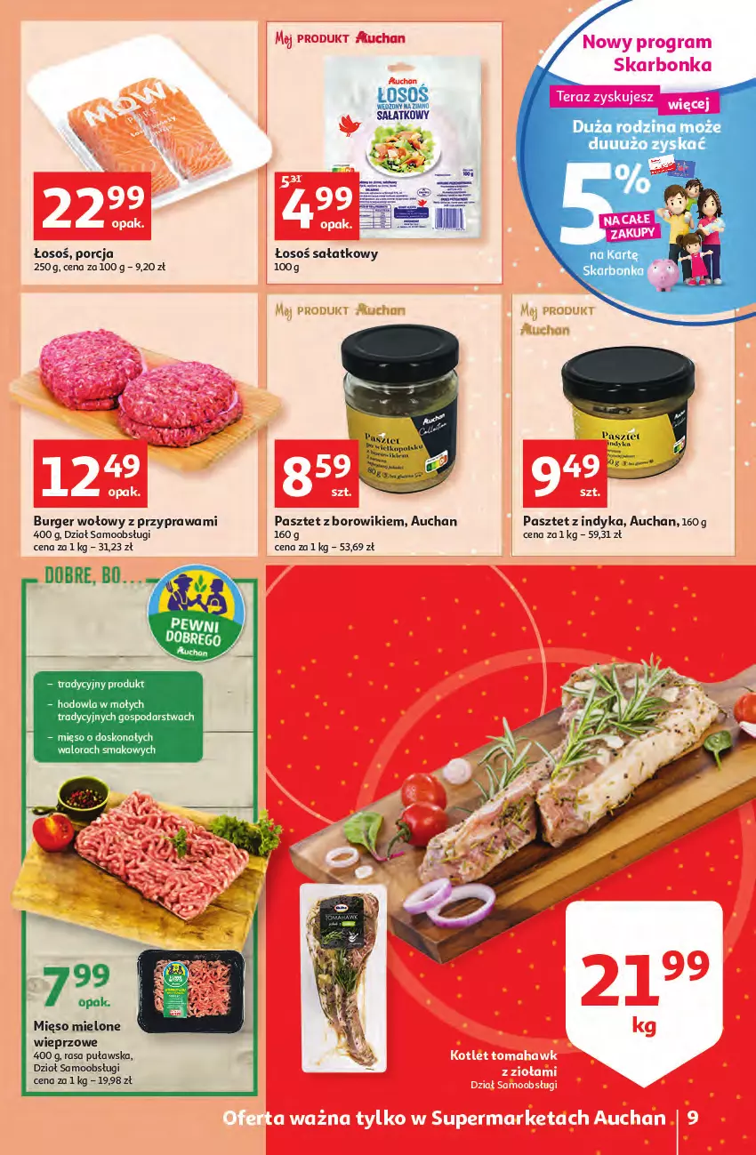 Gazetka promocyjna Auchan - Wiosenne okazje są w cenie Supermarkety - ważna 28.04 do 04.05.2022 - strona 9 - produkty: Borowiki, Burger, Mięso, Mięso mielone, Pasztet, Pasztet z indyka, Por, Sałat