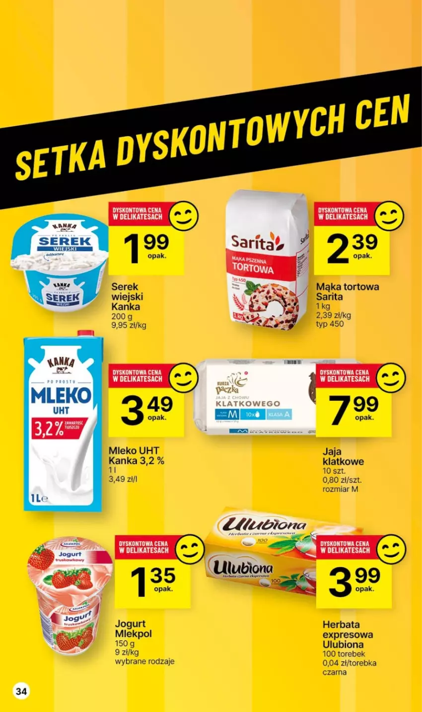 Gazetka promocyjna Delikatesy Centrum - Gazetka DC45 czw-sr - ważna 16.11 do 22.11.2023 - strona 34 - produkty: Herbata, Jaja, Jogurt, Mąka, Mąka tortowa, Mleko, Sarita, Ser, Serek, Torebka