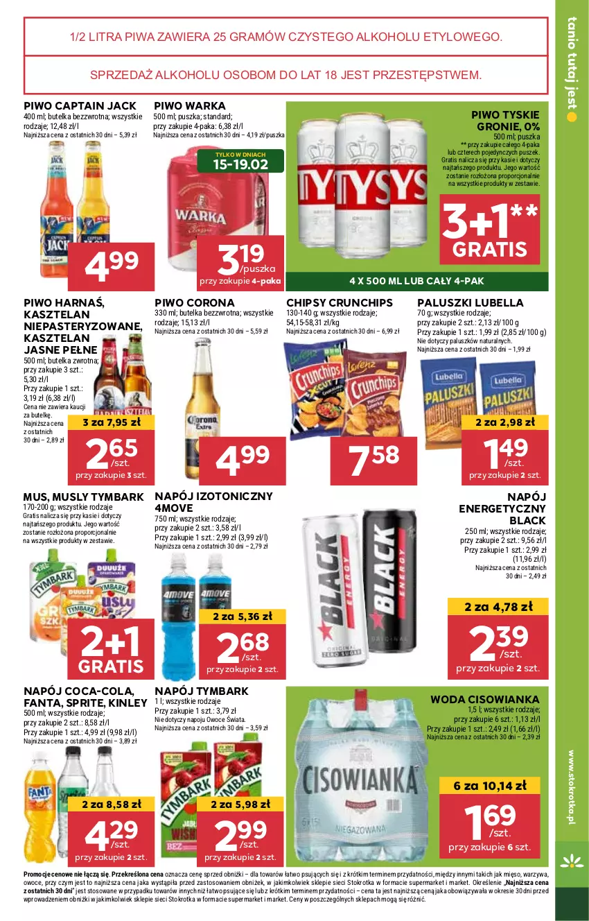 Gazetka promocyjna Stokrotka - Market Opole/Radom - ważna 13.02 do 19.02.2025 - strona 13 - produkty: Bell, Bella, Captain Jack, Chipsy, Cisowianka, Coca-Cola, Crunchips, Fa, Fanta, Gra, Harnaś, Kasztelan, Lack, Lubella, Mięso, Mus, Napój, Napój energetyczny, Napój izotoniczny, Owoce, Piwa, Piwo, Por, Sprite, Tymbark, Tyskie, Warka, Warzywa, Woda