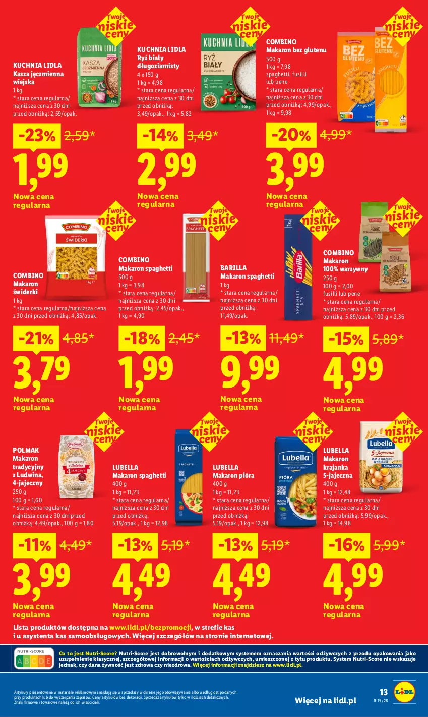 Gazetka promocyjna Lidl - Rewolucja cenowa! - ważna 23.05 do 01.07.2026 - strona 13 - produkty: Barilla, Bell, Bella, Kasza, Kasza jęczmienna, Kuchnia, Lubella, Makaron, Olma, Ryż, Ryż biały, Spaghetti