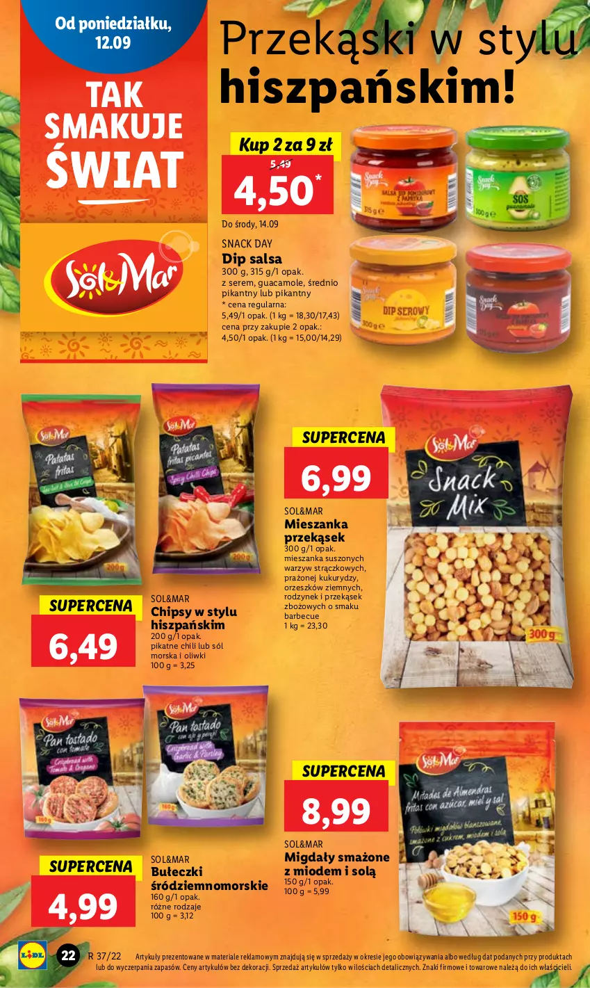 Gazetka promocyjna Lidl - GAZETKA - ważna 12.09 do 14.09.2022 - strona 24 - produkty: Amol, Bułeczki, Chipsy, Migdały, Oliwki, Salsa, Ser, Sól