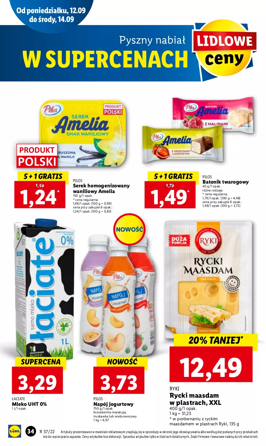 Gazetka promocyjna Lidl - GAZETKA - ważna 12.09 do 14.09.2022 - strona 36 - produkty: Baton, Batonik twarogowy, Gra, Jogurt, Maasdam, Mleko, Napój, Napój jogurtowy, Pilos, Por, Ser, Serek, Serek homogenizowany, Tonik