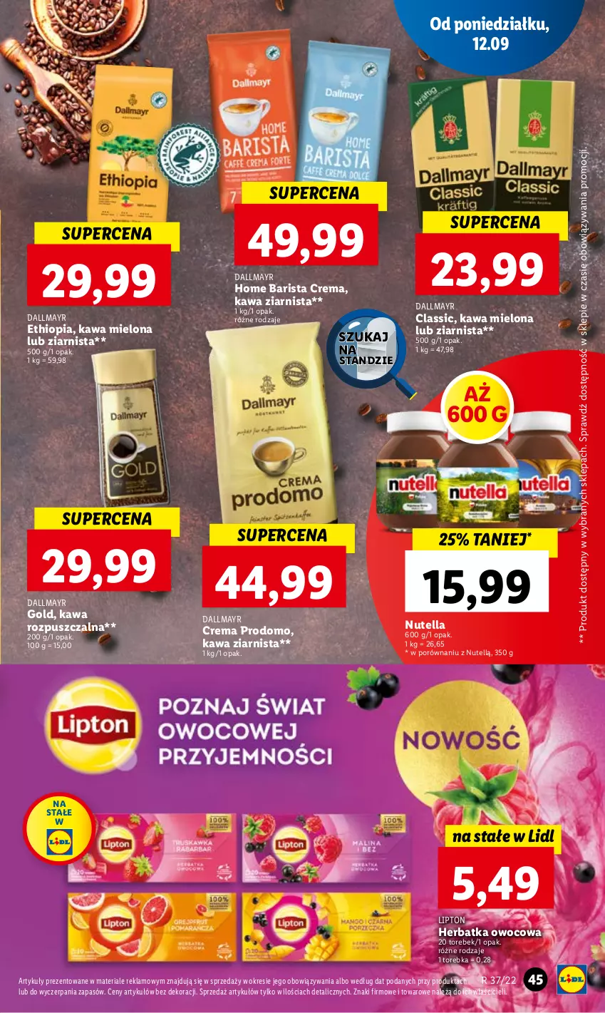 Gazetka promocyjna Lidl - GAZETKA - ważna 12.09 do 14.09.2022 - strona 47 - produkty: Dallmayr, Kawa, Kawa mielona, Kawa rozpuszczalna, Kawa ziarnista, Lipton, Nutella, Por, Torebka